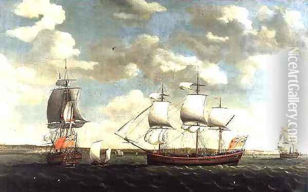 Portrait of an East Indiaman in three positions off Portsmouth Oil Painting - Francis Holman