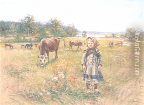 Vallflicka Med Kor Oil Painting - Johan Severin Nilsson