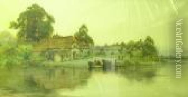 Riverside Village Scene With Figures, Horse And Ferry Oil Painting - Creswick Boydell