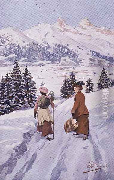 Two women walking in the snow near Tour dAi Oil Painting - Carlo Pellegrini