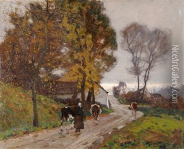 The Way Home, A Milkmaid And Cattle On A Farm Lane Oil Painting - Algernon Talmage