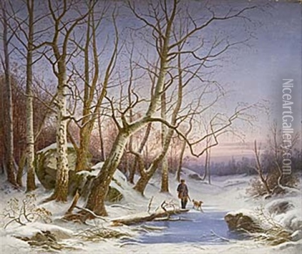 Vinterlandskap Med Jagare Och Hund Oil Painting - Carl Abraham Rothsten