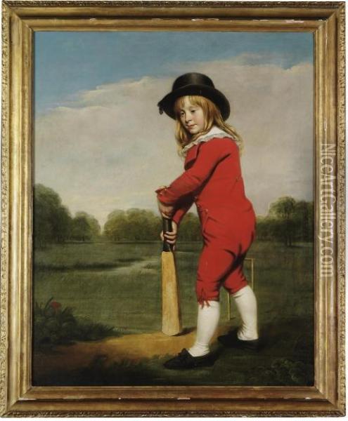 The Red Boy: Portrait Of Master 
Mcdonough, Full-length, In A Red Jacket And Breeches With A Black Hat, 
Holding A Cricket Bat, In A Wooded Landscape Oil Painting - John Opie