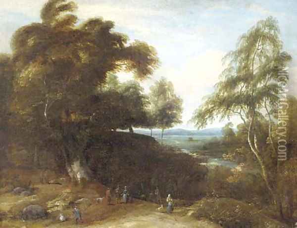 A wooded landscape with figures and dogs in a clearing Oil Painting - Lucas Achtschellinck