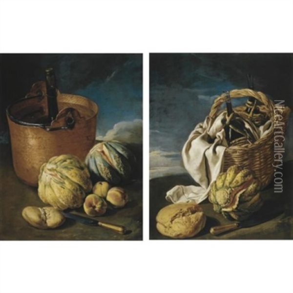 Still Life Of Melons, Peaches, A Knife, Bread, And A Coppper Cooler With A Bottle Of Wine, All In A Stormy Landscape (+ Another, Similar, Pair) Oil Painting - Giacomo Ceruti