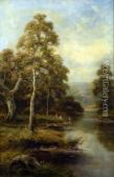 A Pair, Fishing In Mountainous River Landscapes Oil Painting - Sidney Yates Johnson