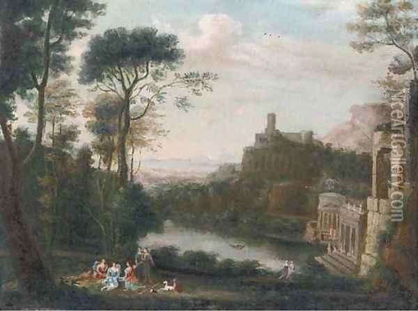 A classical landscape with figures above a lake Oil Painting - Claude Lorrain (Gellee)