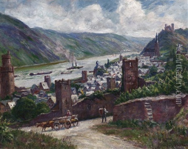 Blick Auf Oberwesel Am Rhein Mit Liebfrauenkirche Und Schoneburg Oil Painting - Peter Paul Mueller-Werlau