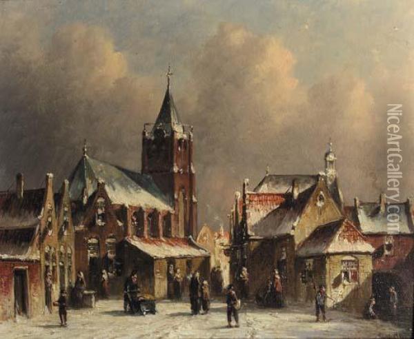 Townsfolk Conversing On A Snow-covered Square In A City Oil Painting - Pieter Gerard Vertin