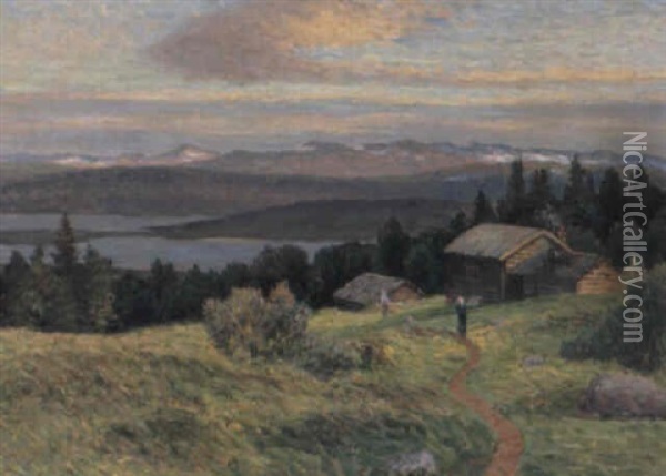 Norrlandskt Insjolandskap Med Gard Oil Painting - Anton Genberg