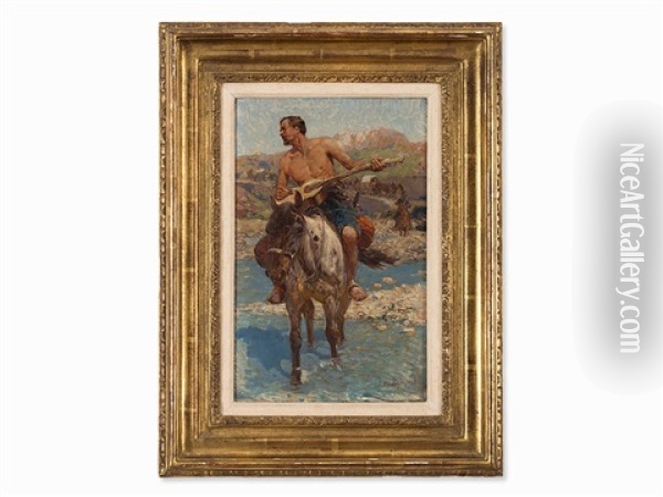 Caucasian Horseman Oil Painting - Franz Roubaud