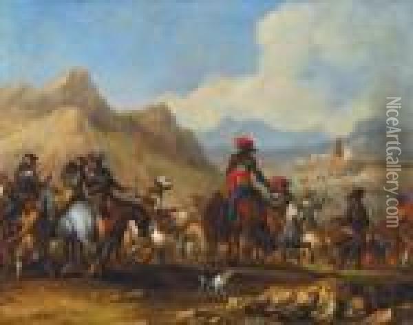Cavalry Near A Town In The Mountains Oil Painting - August Querfurt