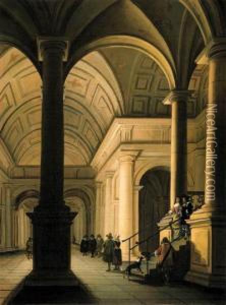 The Interior Of A Palace At Night With An Elegant Couple Makingtheir Entrance Oil Painting - Anthonie De Lorme