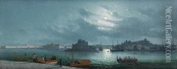 The Grand Harbour By Moonlight Oil Painting - Girolamo Gianni