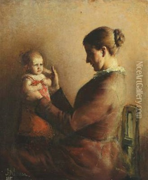 The Artist's Sister With Child Oil Painting - Johan Hansen-Aarslev