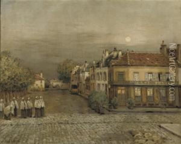 Effet De Lune: On A Village Square Oil Painting - Jean-Charles Cazin