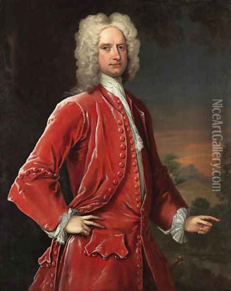 Portrait of a gentleman, three-quarter-length, in red coat and waistcoat, with a classical landscape beyond Oil Painting - Charles Jervas