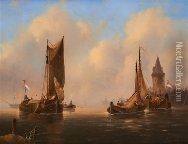 Barques De Peche Au Coucher Du Soleil Oil Painting - G. van Emmerson