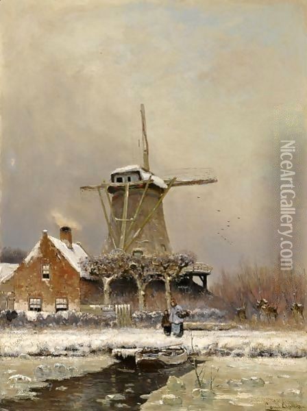 Figures By A Windmill In A Snow Covered Landscape Oil Painting - Louis Apol