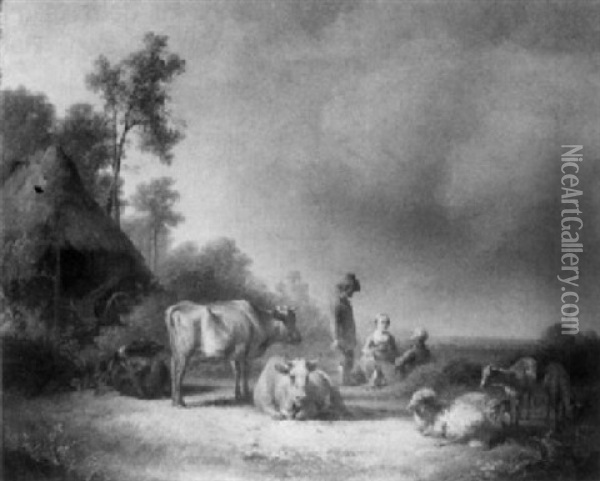 Bauern Mit Schafen Und Kuhen Oil Painting - James De Rijk