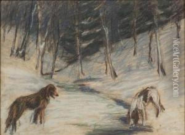 Dogs By A Winter Stream Oil Painting - Hilda Ward