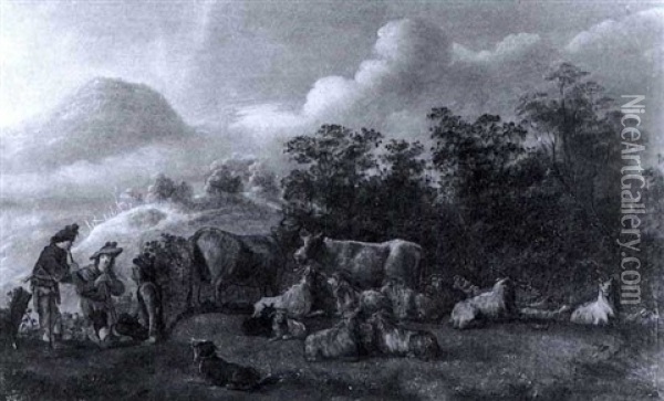 3 Hirten Mit Einer Herde Kuhe Oil Painting - Jacob Sibrandi Mancadan