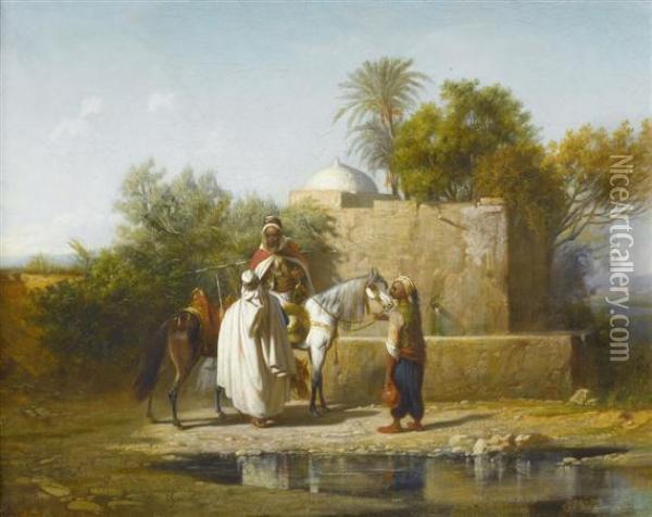 Bedouin At An Oasis Oil Painting - Alexandre Gabriel Decamps