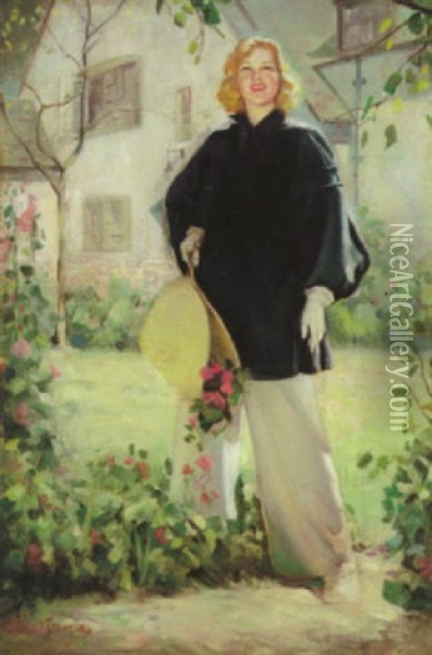 Young Woman Pausing In The Garden Oil Painting - Mcclelland Barclay