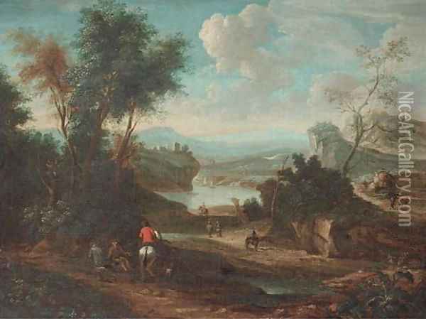 A landscape with horsemen and other travellers on a track Oil Painting - Jan Wyck