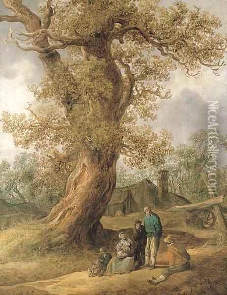 A family of peasants sitting under an oak tree with cottages in the distance Oil Painting - Jan van Goyen