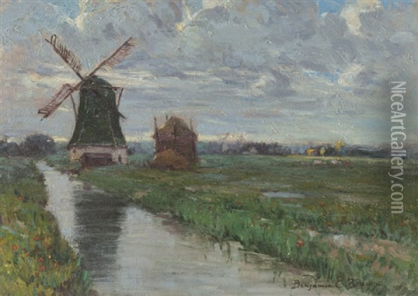 Windmill And Canal In A Landscape Oil Painting - Benjamin Chambers Brown