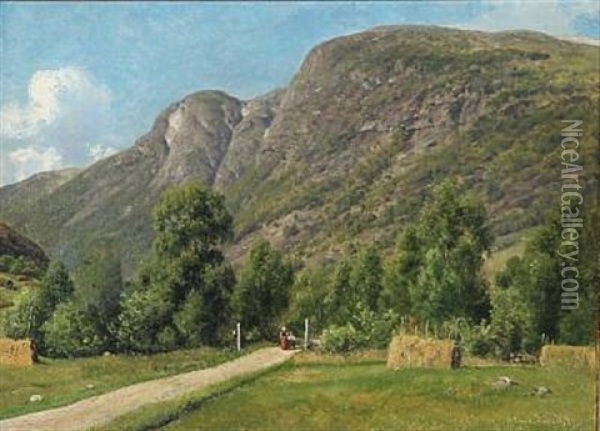 Summer Day In Norway With A Mother And Son Walking On A Path Oil Painting - Georg Emil Libert