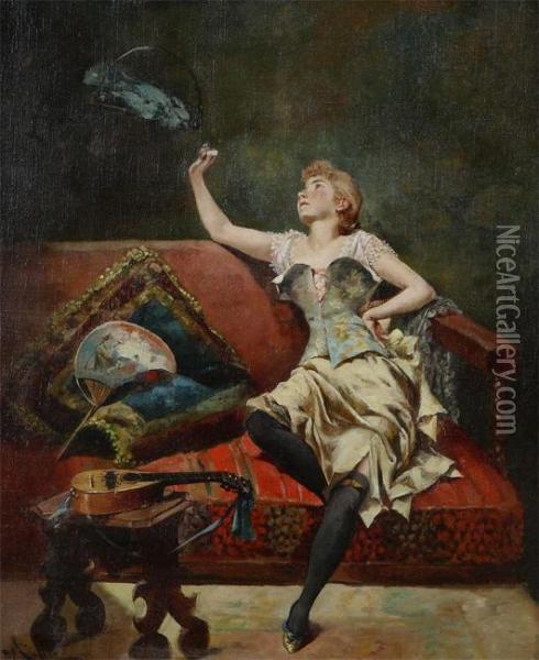 Woman With Parrot In A Chair Oil Painting - Enrique Miralles