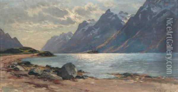 Blick Auf Einen Bergsee (konigssee) Mit Dampfschiff Oil Painting - Herman Kiekebusch