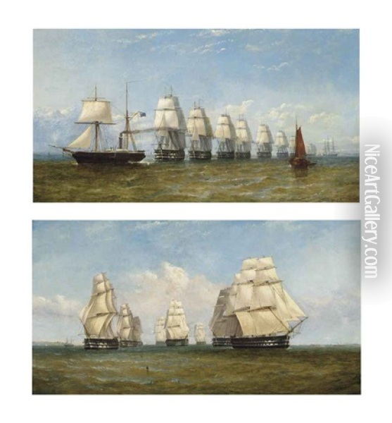A Paddle Steamer Of The Royal Navy Escorting A French Squadron...(+ The Baltic Fleet, Under The Command Of Rear-admiral The Hon. Richard Saunders...; Pair) Oil Painting - William Adolphus Knell