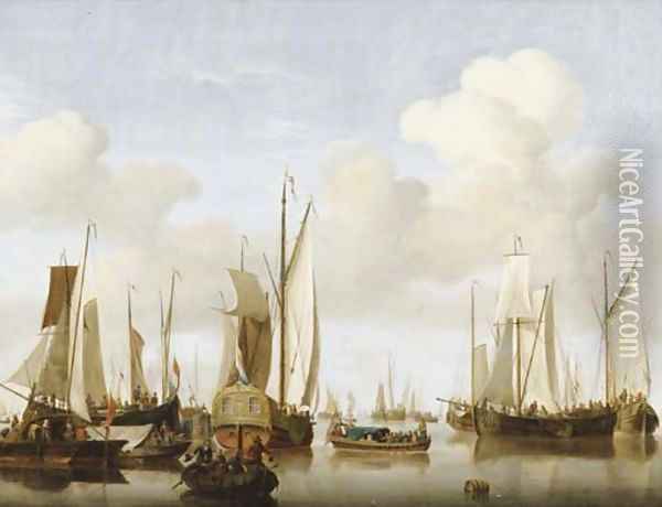 A calm with merchants in a rowing boat in the foreground before a States Yacht, numerous other saiiling boats nearby Oil Painting - Jan van Os