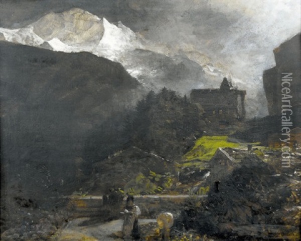 Jungfrau Und Lauterbrunnental Bei Mondschein Oil Painting - Oswald Achenbach