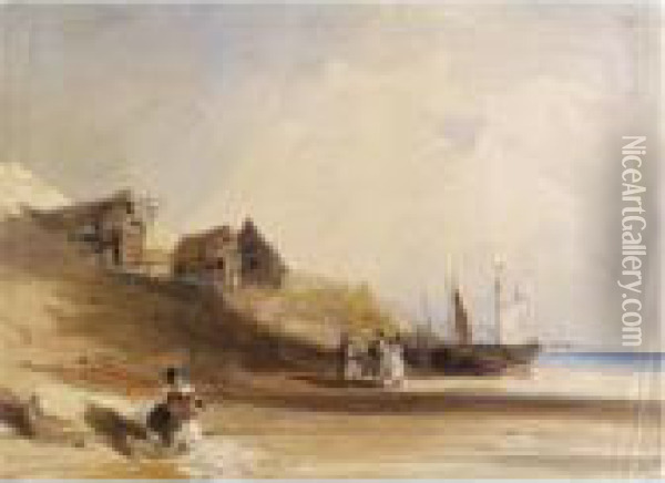 French Coastal Scene Wtih Figures Oil Painting - Thomas Shotter Boys