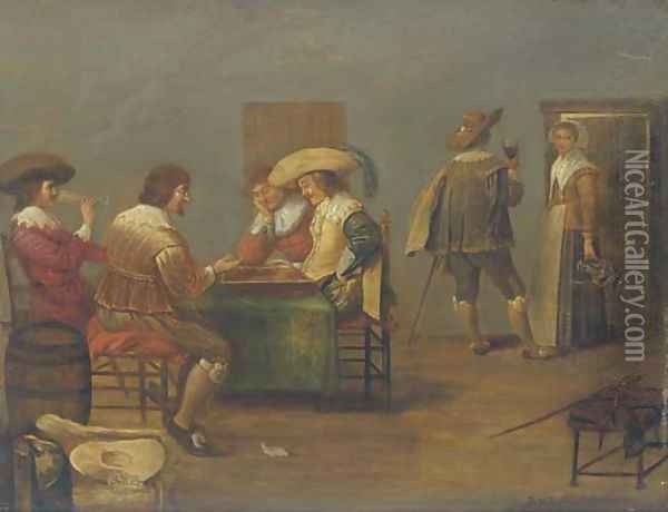 Guardsmen playing tric-trac and drinking in an inn Oil Painting - Dirck Hals