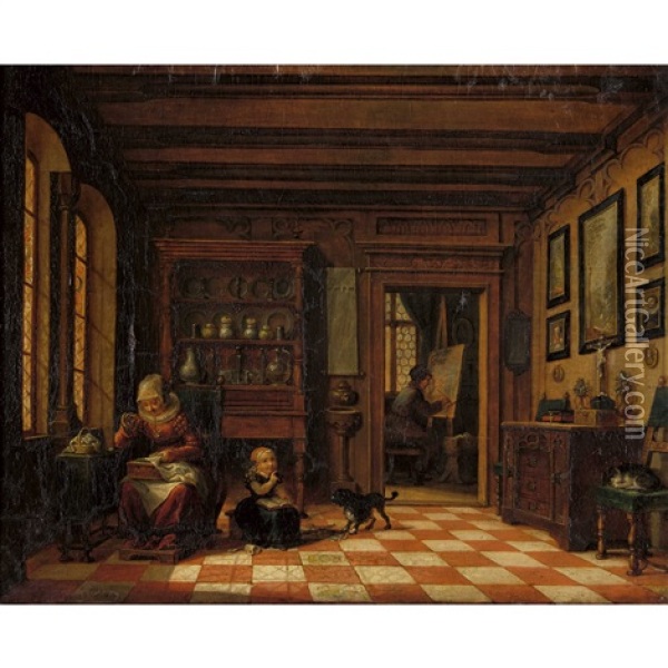 Interieur Mit Frau Bei Der Stickarbeit Und Maler An Der Staffelei Oil Painting - Maximilian Neustueck
