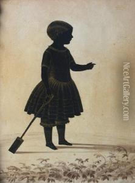 Silhouette Of A Young Child, Standingfull-length, Profile To The Right, Wearing A Dress And Holding Aspade Oil Painting - Royal Victoria Gallery