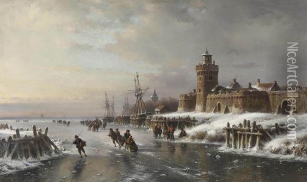 A Winter Landscape With Figures Skating Near A Fortified Town Oil Painting - Lodewijk Johannes Kleijn