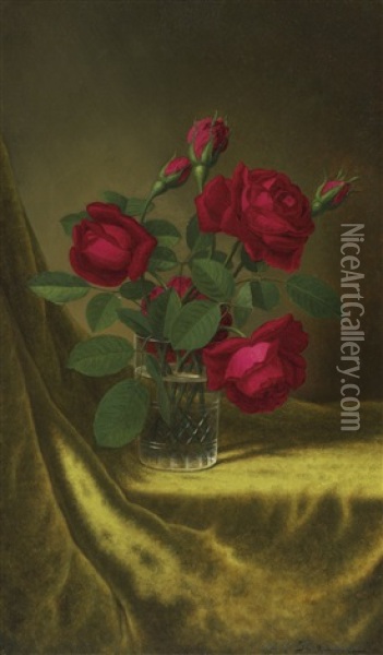 Still Life With Flowers: Red Roses Oil Painting - Martin Johnson Heade