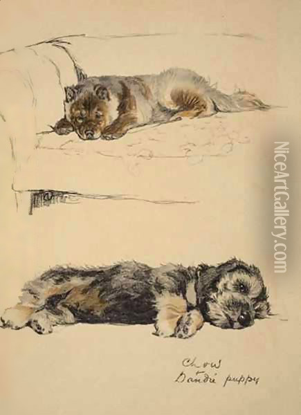 Chow and Dandie Puppy Oil Painting - Cecil Charles Aldin