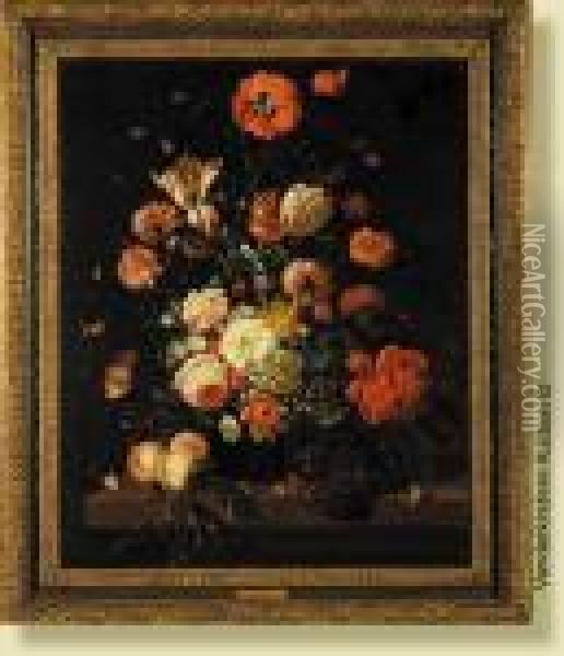 Bouquet De Fleurs Et De Fruits Avec Insectes Sur Unentablement Oil Painting - Abraham Mignon