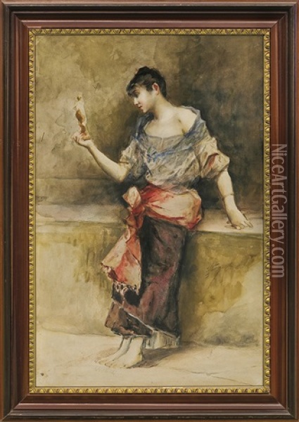 Girl With A Statue Oil Painting - Julian Falat