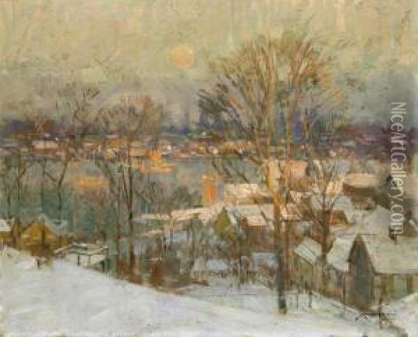 Gloucester Harbor, Winter Oil Painting - Frederick John Mulhaupt