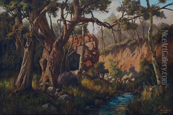 Wooded Landscape With Stream Oil Painting - Tinus de Jongh