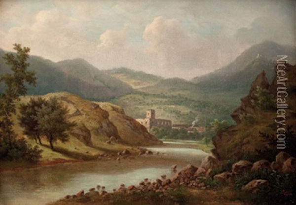 Flusslandschaft Mit Ruine Und Hausern Oil Painting - Joseph Ledeli