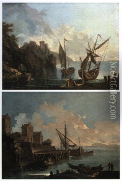 Due Paesaggi Costieri Con Castello, Navi E Figure Oil Painting - Alessio De Marchis